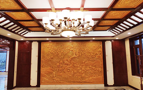 滦平中式别墅客厅中式木作横梁吊顶装饰展示
